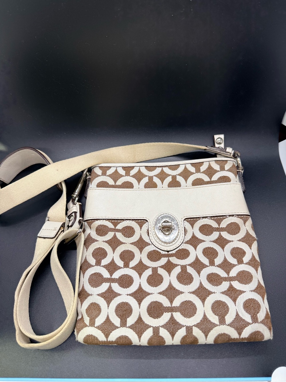 Coach Brown and White Signature Crossbody with Turn-Lock